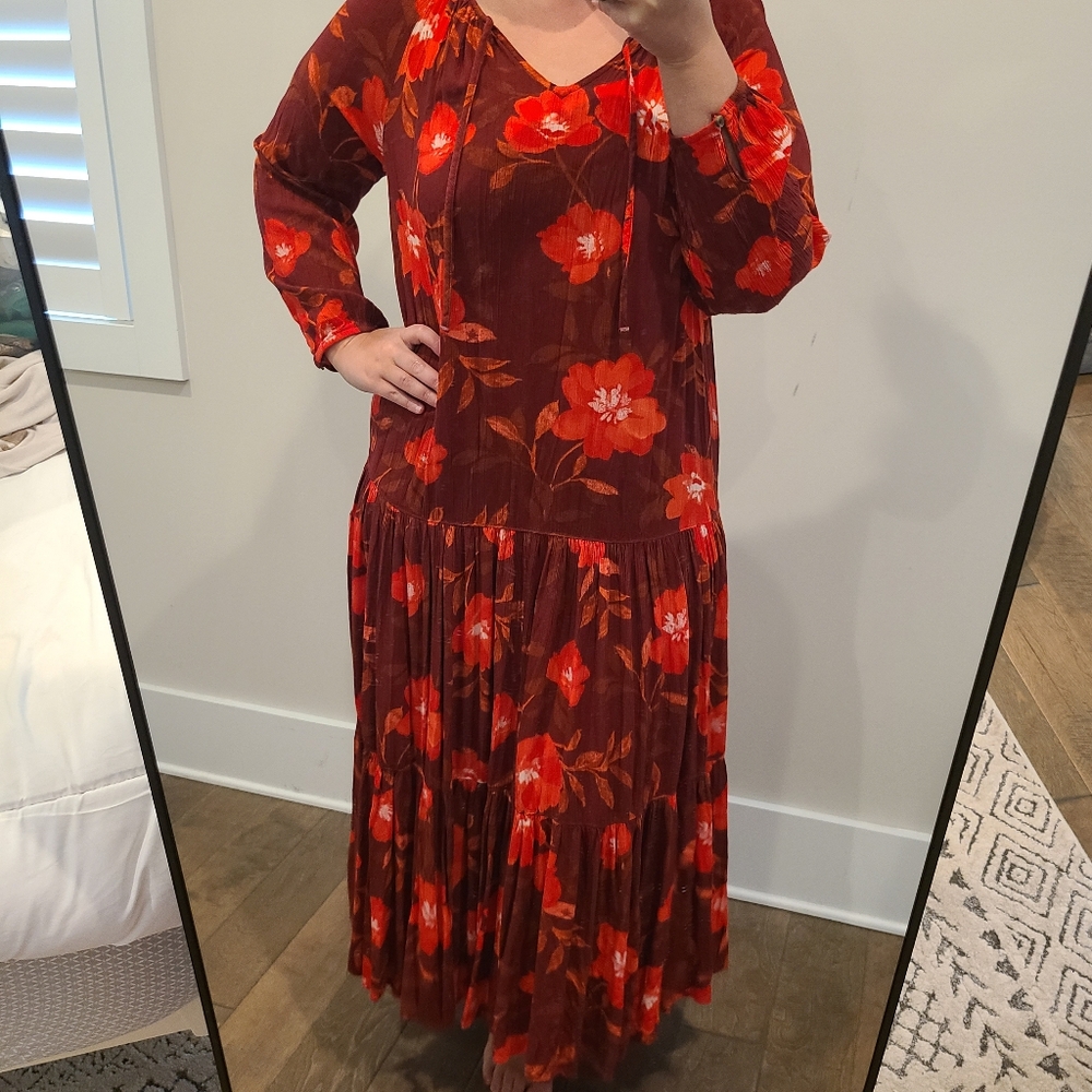Sonoma Red Floral Long Sleeve Maxi Dress